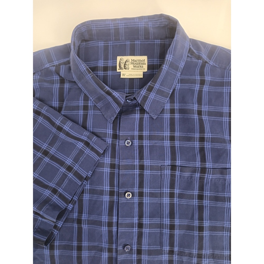 Marmot Mountain Works Mens XXL Blue Plaid Short Sleeve Button‎ Down Hiking Shirt